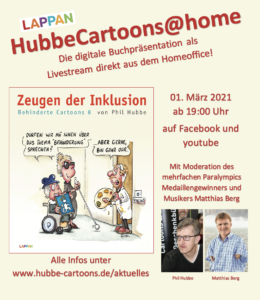 Flyer Buchpräsentation HubbeCartoons - Die digitale Buchpräsentation als Livestream direkt aus dem Homeoffice. 01.03.2021 ab 19:00 Uhr auf Facebook und youtube